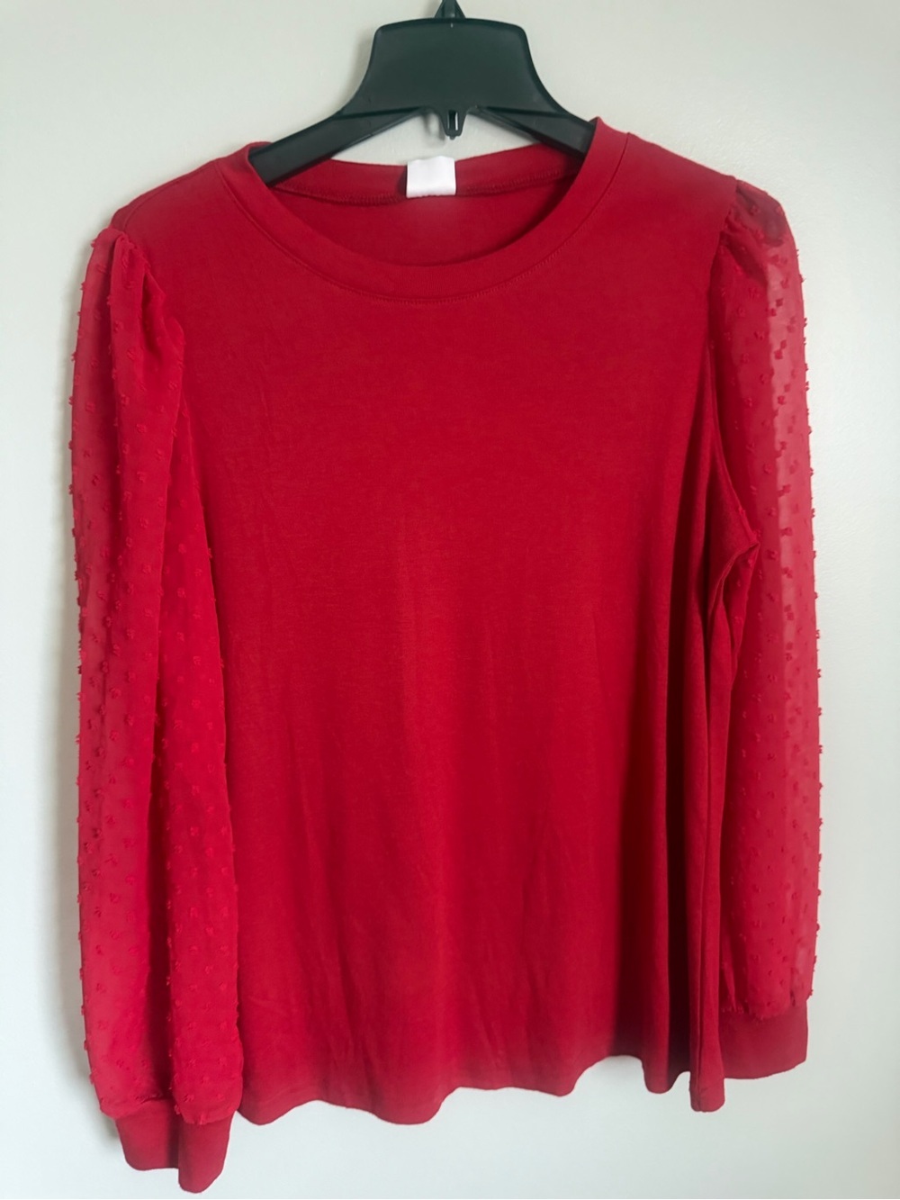 WIHOLL Red Swiss Dot Sheer Sleeve Crewneck Lightweight Sweater NWT size Large